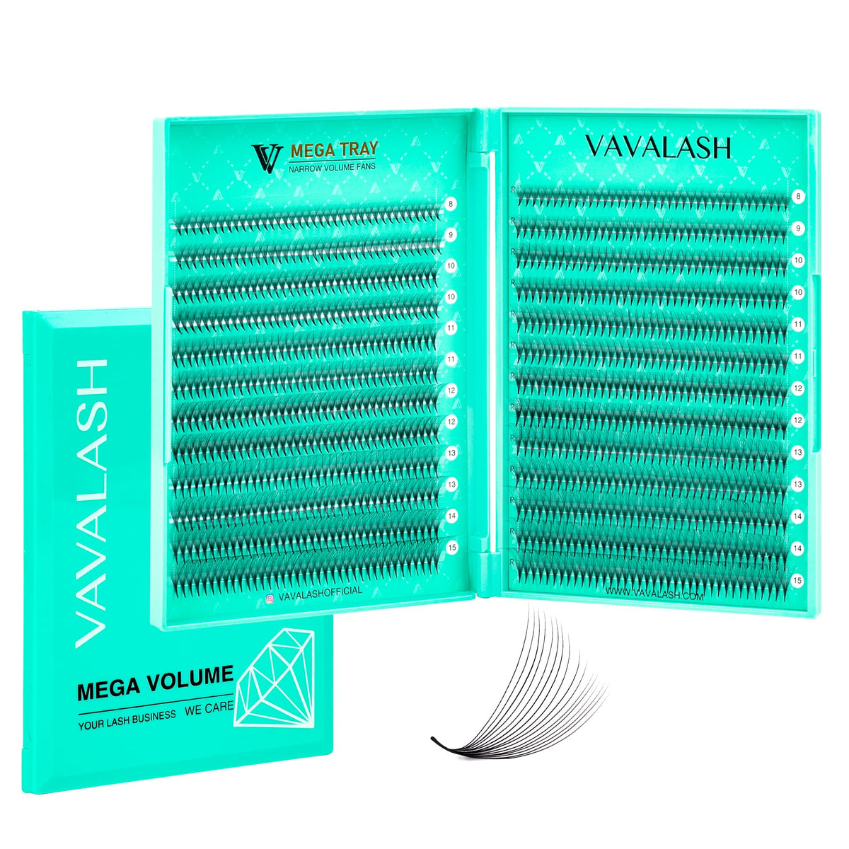 VAVALASH premade fans in a compact box tray for fast, efficient lash fills.