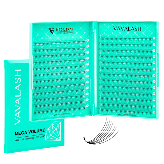 VAVALASH premade fans packaging close-up showing bulk quantity for fast salon lash runs.