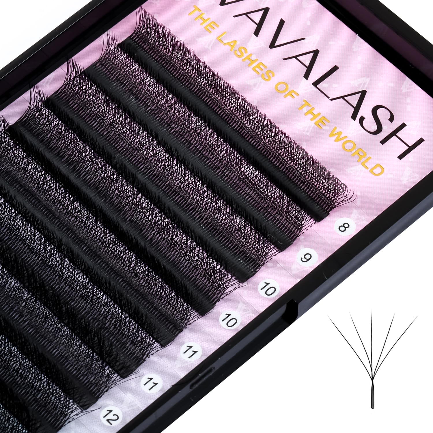VAVALASH W-shaped 5D premade fans close-up showing matte black silk lashes and easy fan formation.