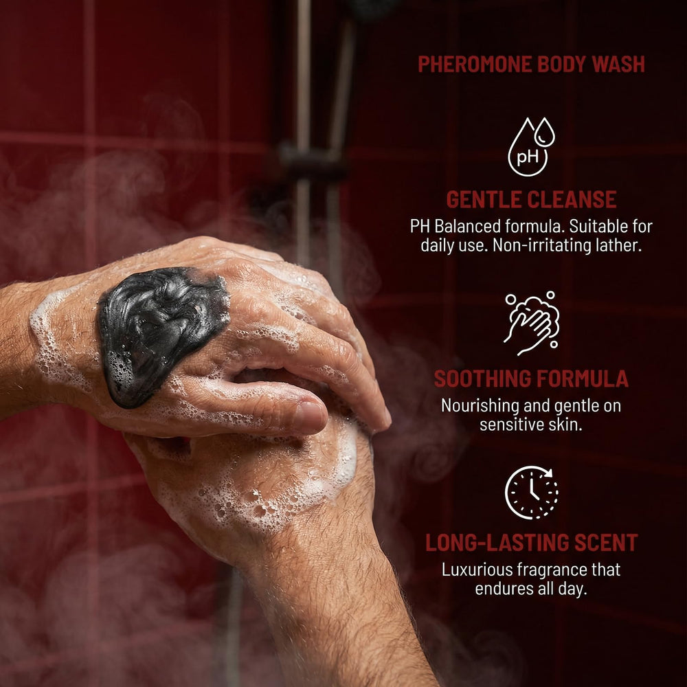 Vbolre Fragrances Pheromone Body Wash bottle-pour illustrating easy, quick-use setup.