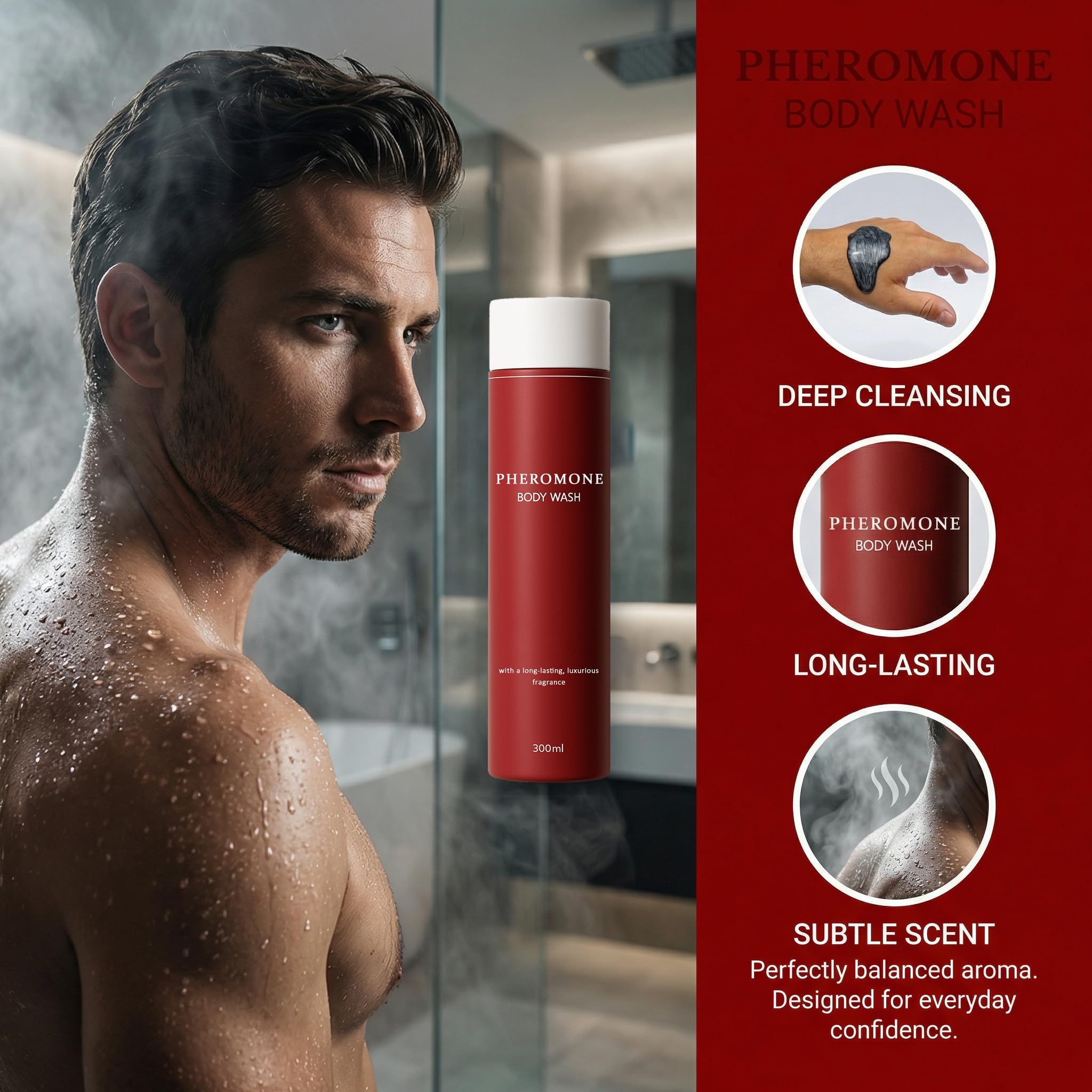 Vbolre Fragrances Pheromone Body Wash lathering-hands showing creamy foam for cleansing.
