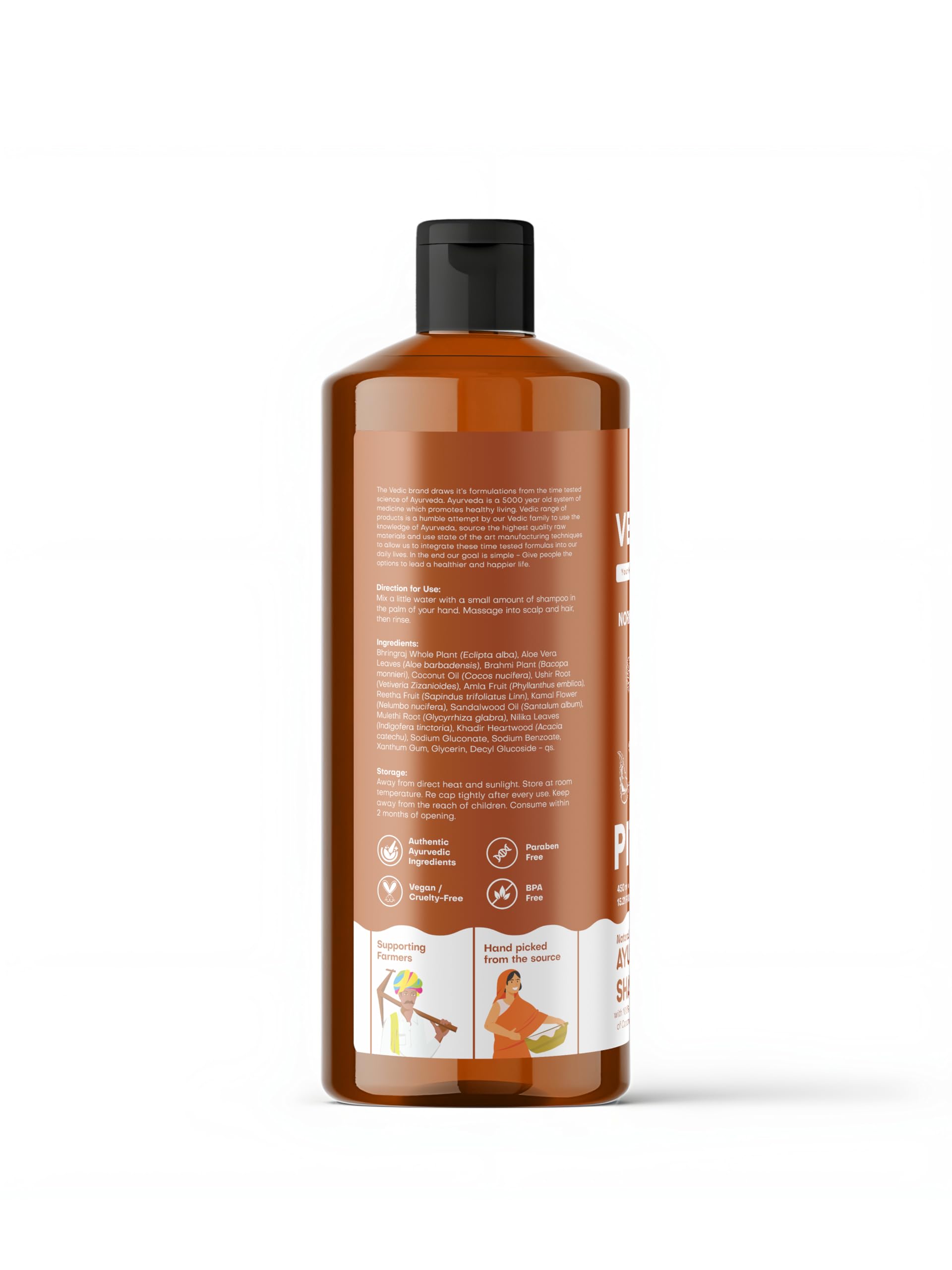Vedic Juices Pitta Shampoo closeup label demonstrates natural Ayurvedic formula for normal hair