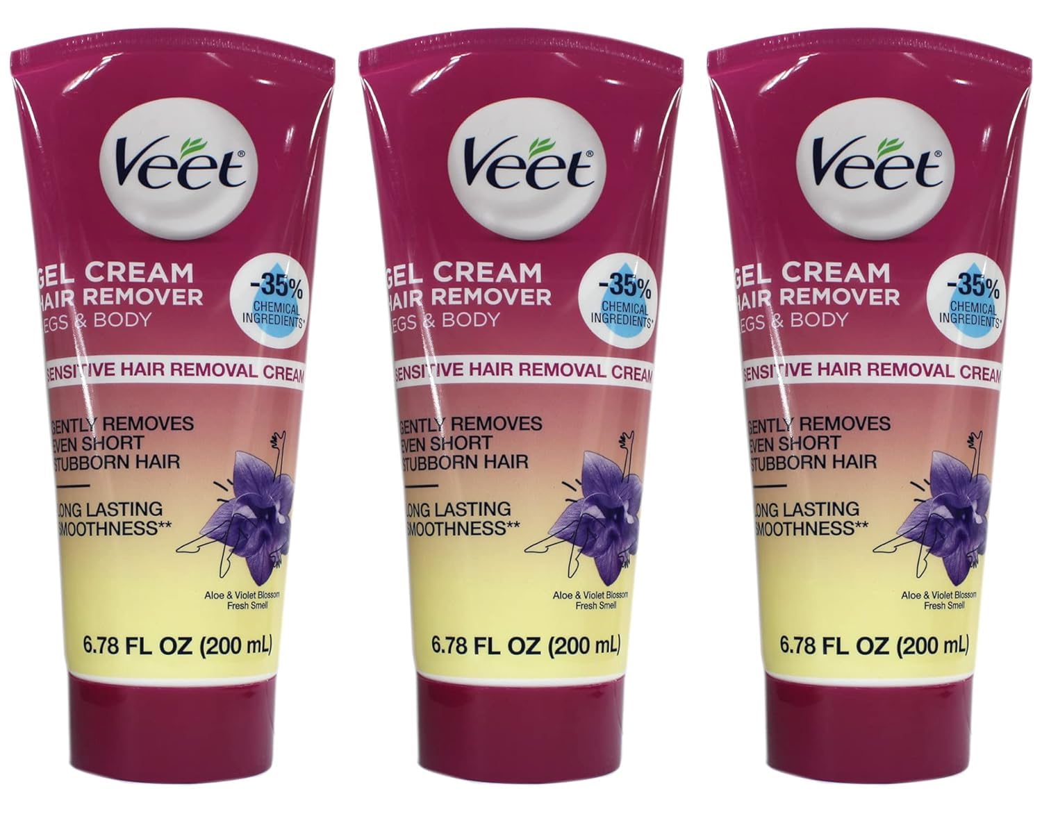 Veet fast-acting gel cream bottle, quick hair removal for smooth skin.