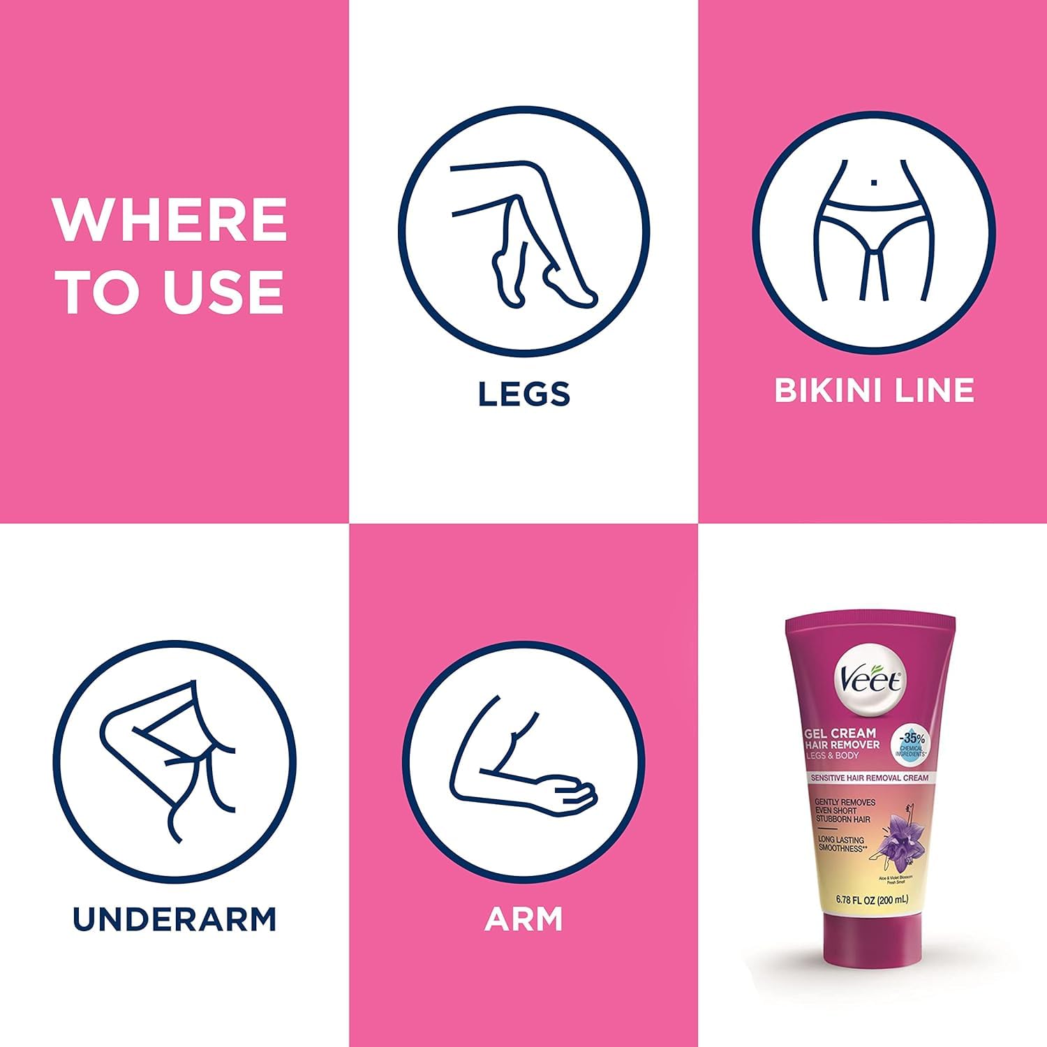 Veet ingredients label shows aloe vera and vitamin E benefits.