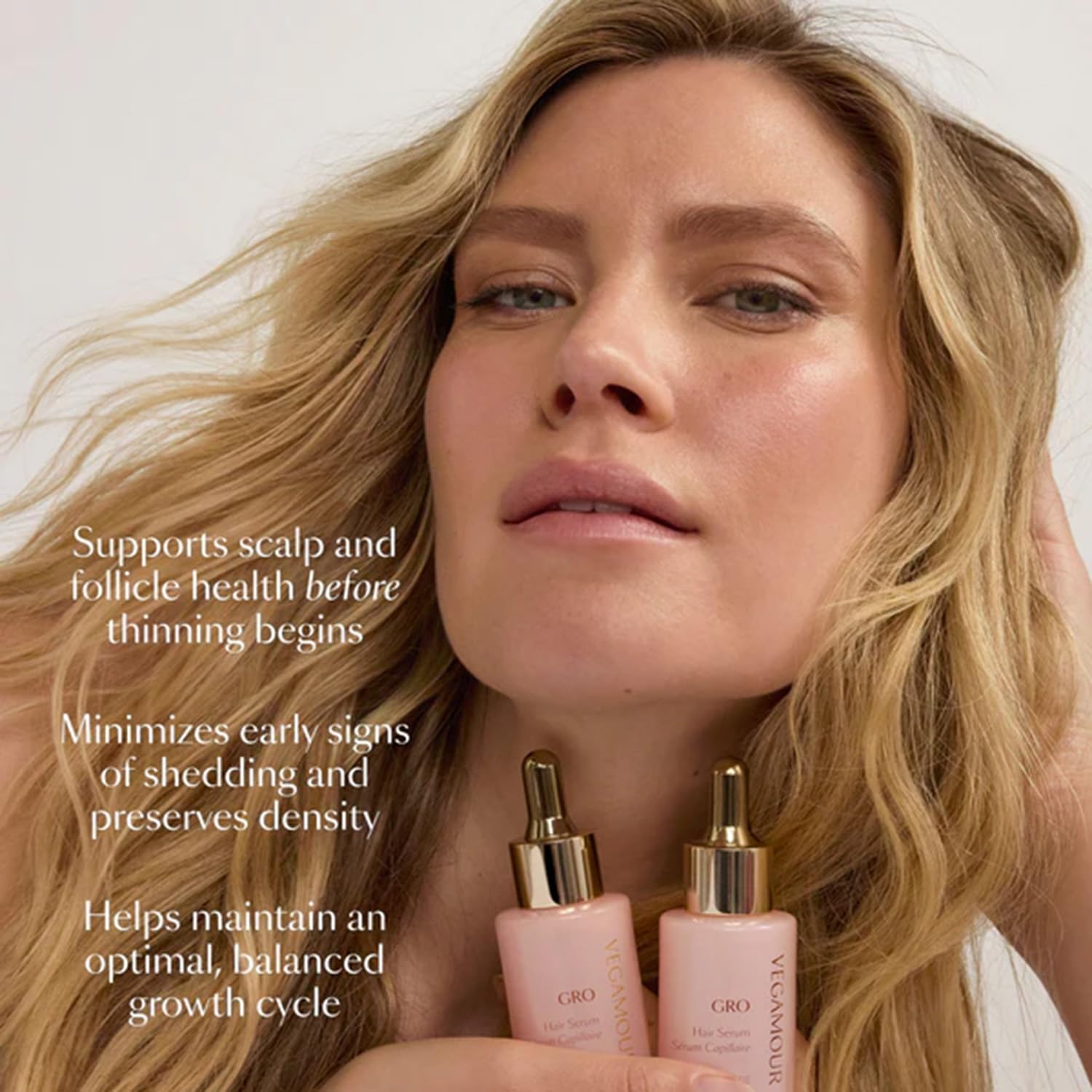 VEGAMOUR GRO Hair Serum bottle showing clean vegan packaging.