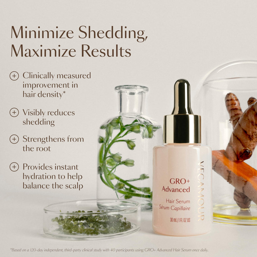 Applying GRO+ Advanced Serum on scalp for quick absorption.