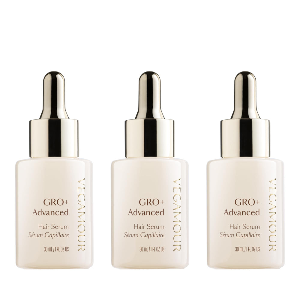 VEGAMOUR GRO+ Advanced Serum bottle shown for smooth scalp care.