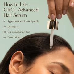 Close-up of GRO+ Serum texture showing lightweight formula.