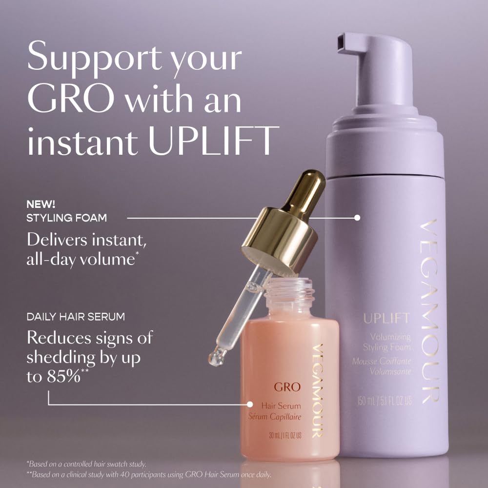 VEGAMOUR UPLIFT humidity-resistance image suggests frizz-control