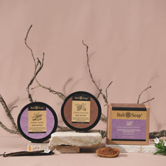 Vegan-friendly label and natural ingredient icons for Bali Soap.