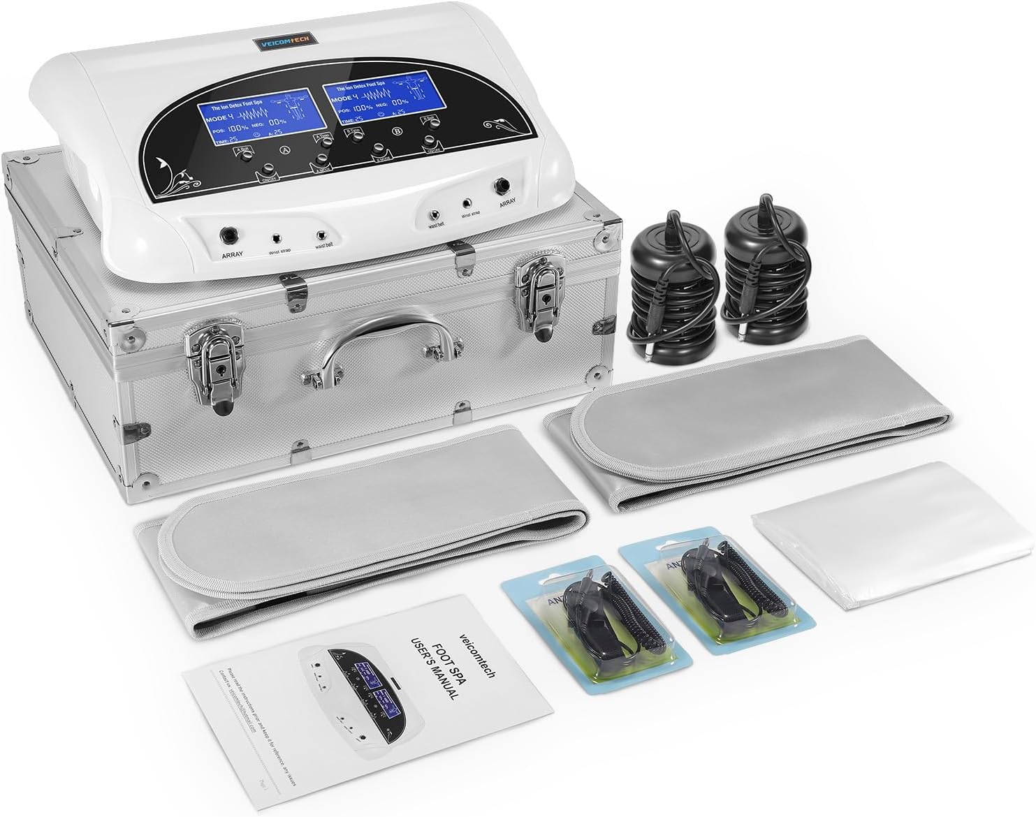 Veicomtech dual ionic foot bath front view highlights sturdy aluminum body for home use.