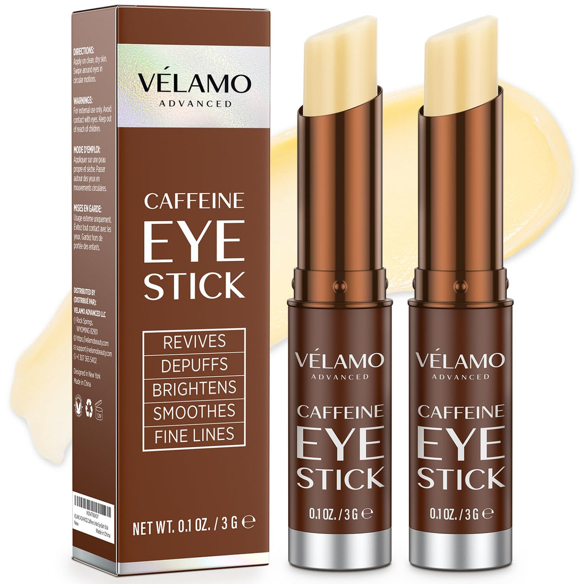 VELAMO ADVANCED caffeine eye stick applied under-eye for a refreshed look