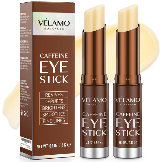 VELAMO ADVANCED caffeine eye stick applied under-eye for a refreshed look