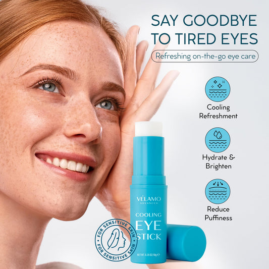 VELAMO ADVANCED Cooling Eye Stick in use on under-eye skin.