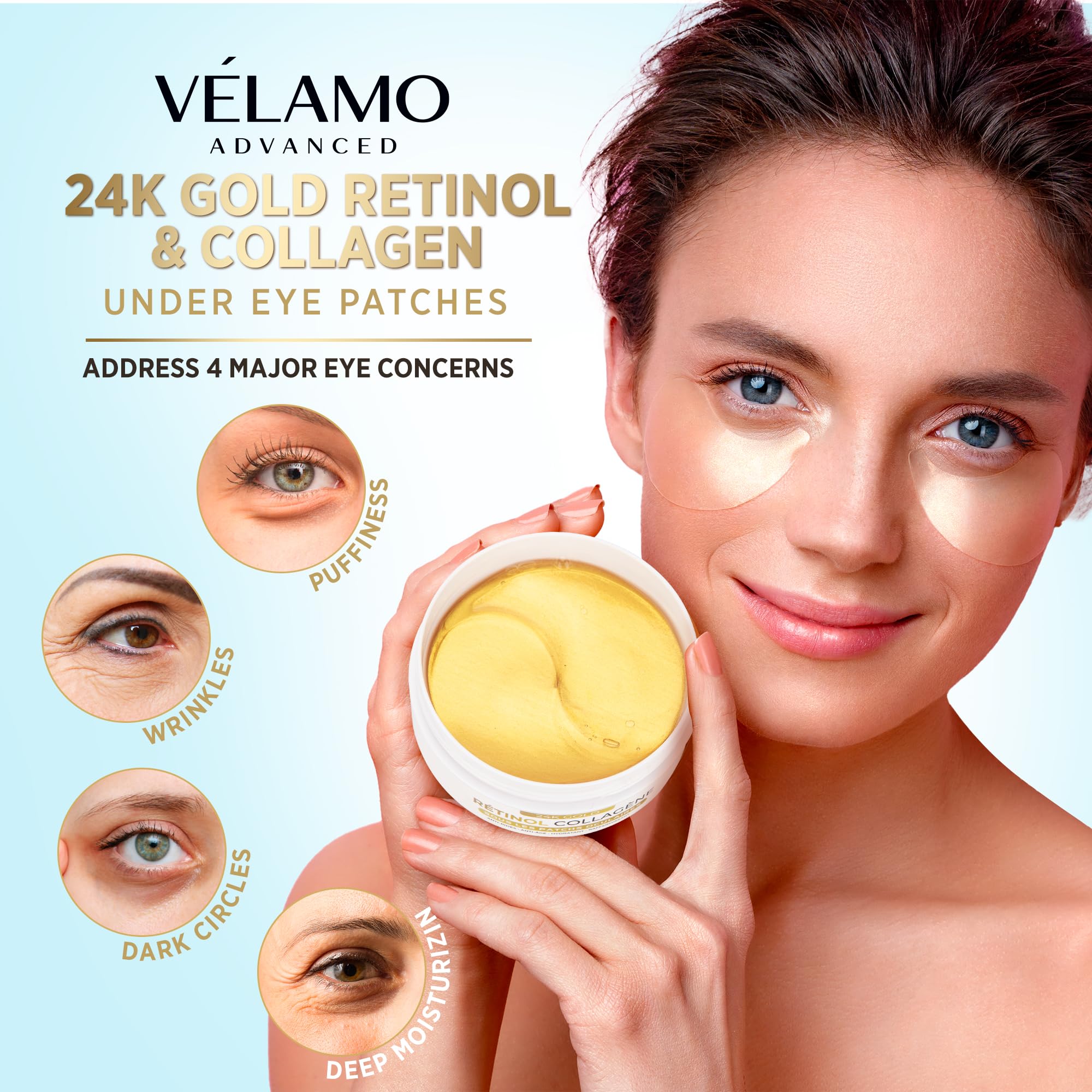 VELAMO ADVANCED eye patches application using spoon to place under the eyes