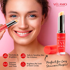 Applying VELAMO ADVANCED eye stick around the eye area for gentle firming.