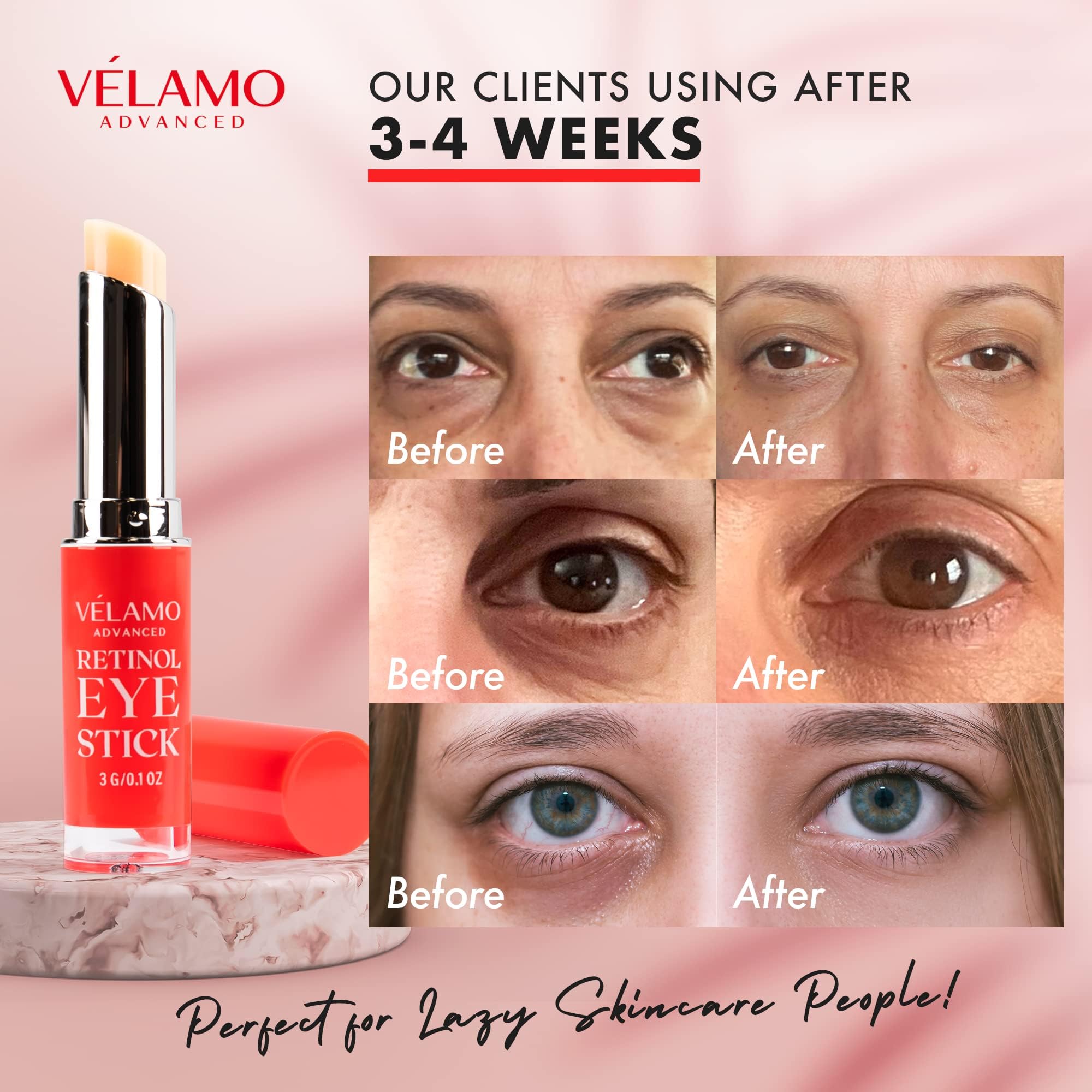 Nighttime routine with Velamo Advanced eye stick before bed for gentle care.