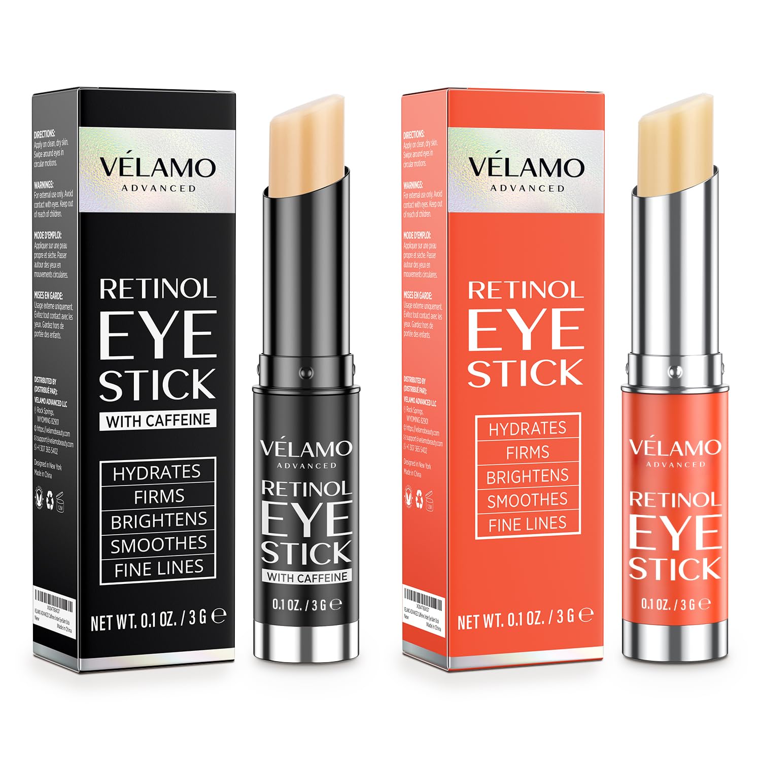 VELAMO ADVANCED Retinol Eye Stick Duo packaging, ideal for on-the-go skincare.