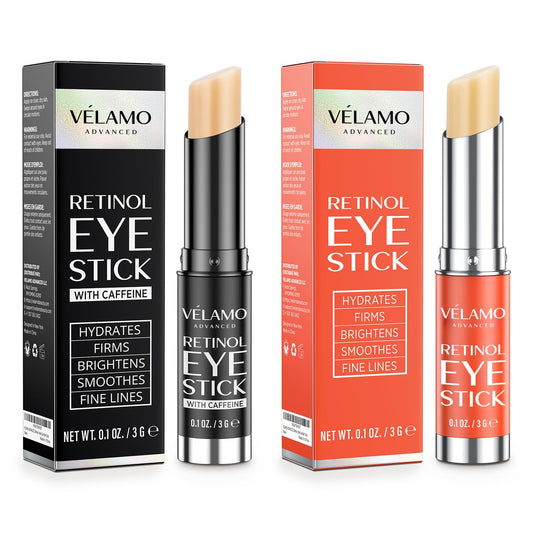 VELAMO ADVANCED Retinol Eye Stick Duo packaging, ideal for on-the-go skincare.