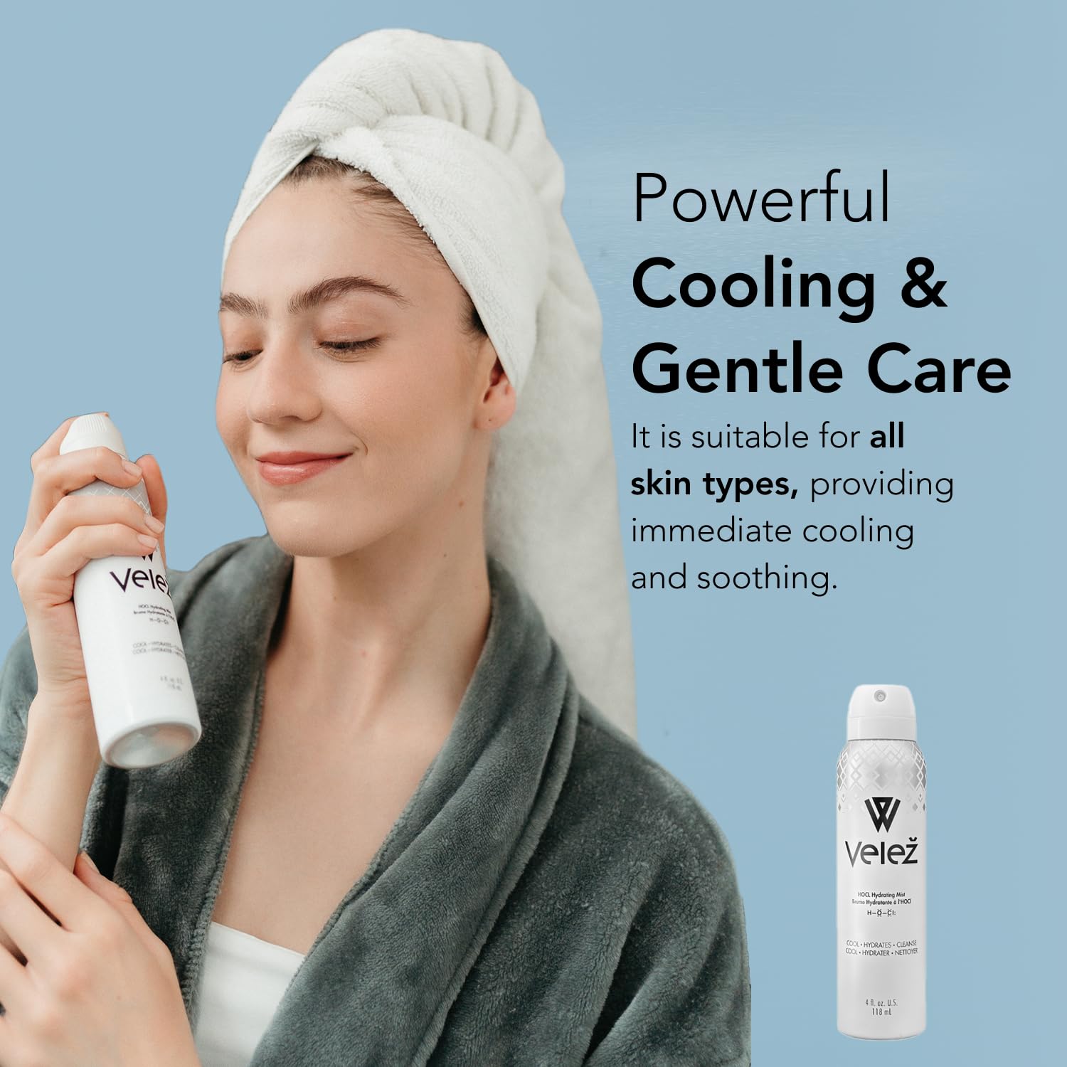 Velez HOCL Hydrating Face Mist spritz on face for quick cooling and cleansing.