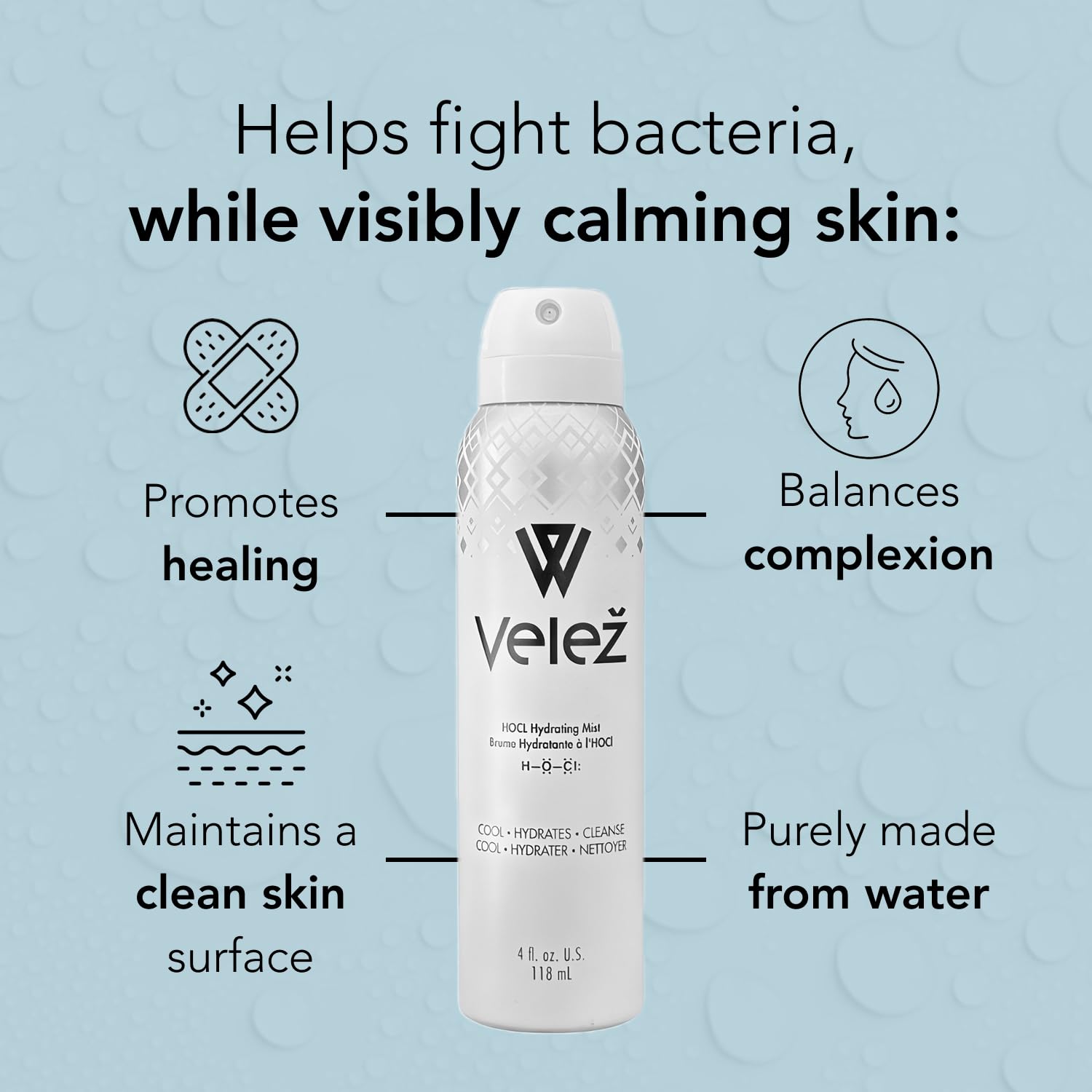 Velez HOCL Hydrating Face Mist close-up texture showing fine mist for smooth application.