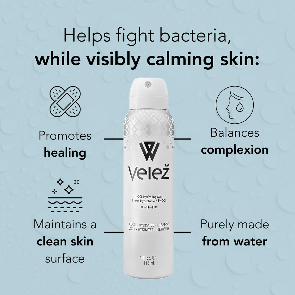 Velez HOCL Hydrating Face Mist close-up texture showing fine mist for smooth application.