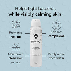 Velez HOCL Hydrating Face Mist close-up texture showing fine mist for smooth application.