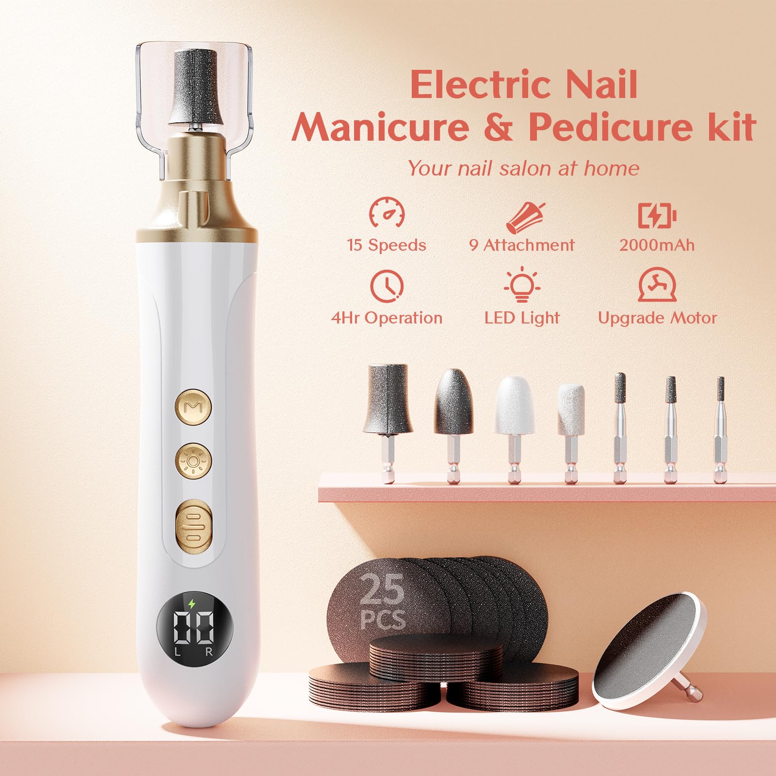 Velnail nail drill with LED light for precise filing