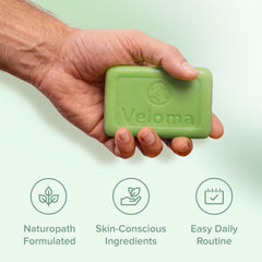 Veloma bar on drainable soap dish to show storage that extends bar life