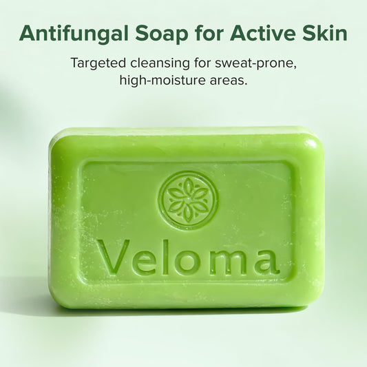 Veloma soap texture close-up highlighting smooth, dense bar for gentle cleansing