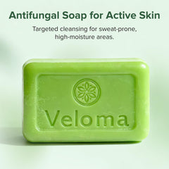 Veloma soap texture close-up highlighting smooth, dense bar for gentle cleansing