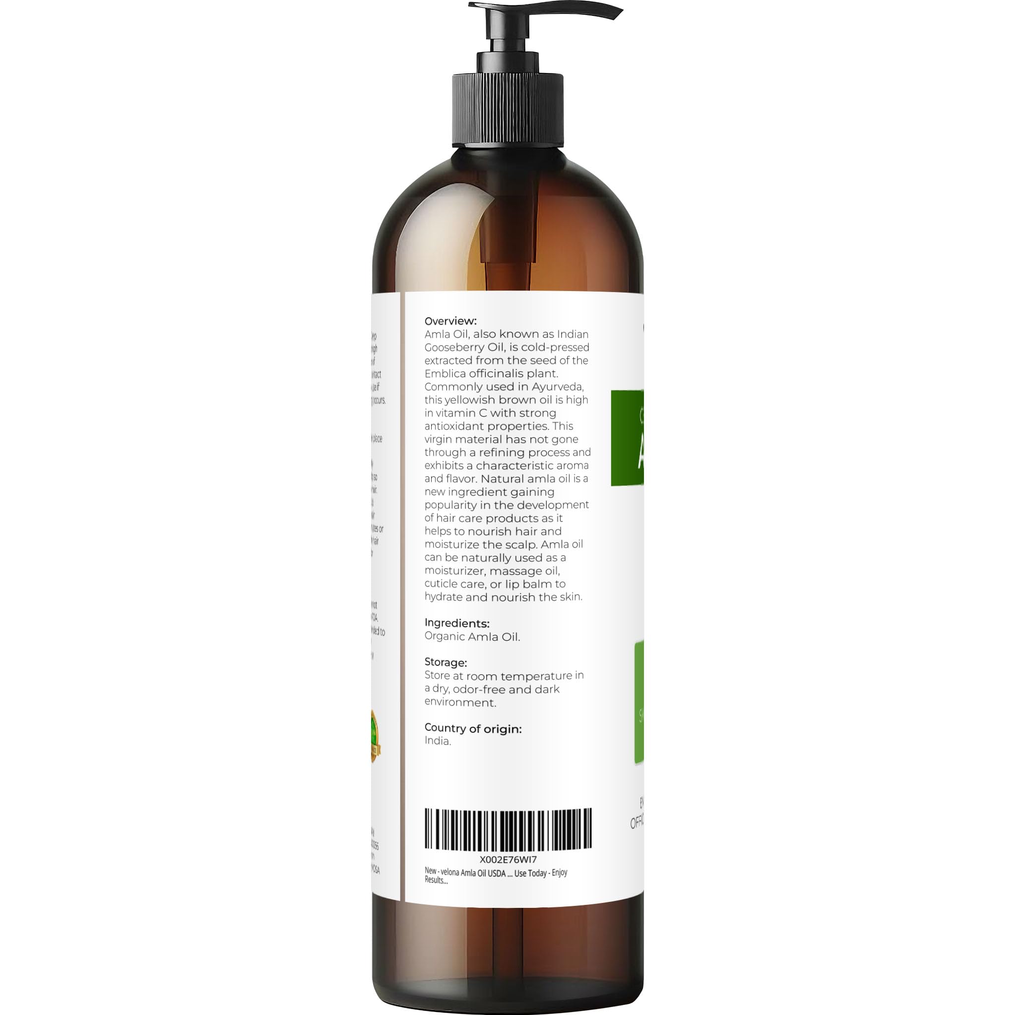 Velona Amla Oil label closeup communicates authenticity and cold-press freshness.