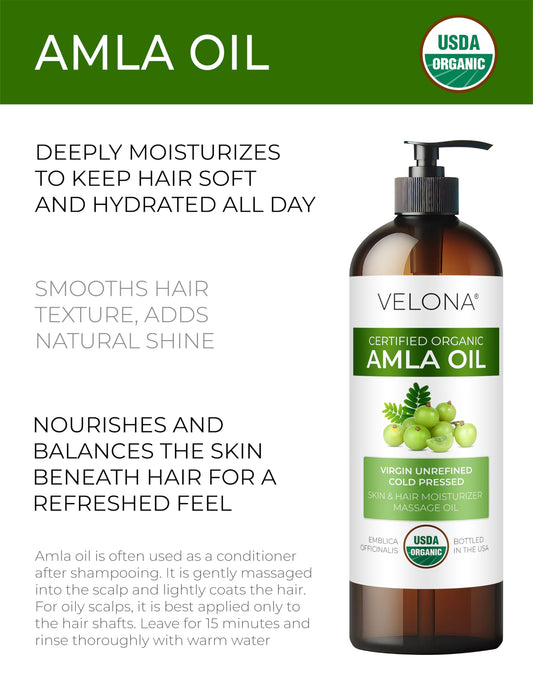 Velona Amla Oil pour action highlights simple, even application for conditioning.