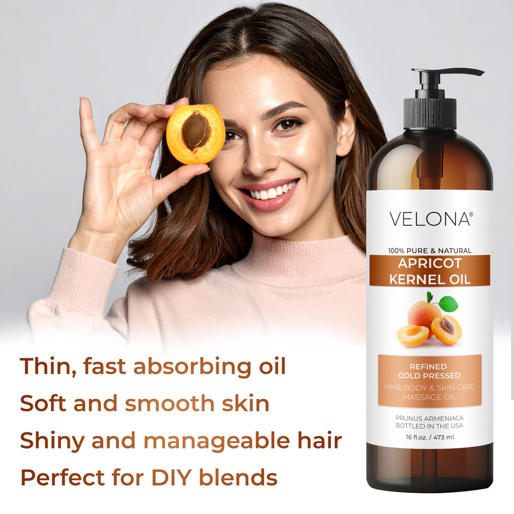 Velona Apricot Kernel Oil used in body care routine for hydrated skin.