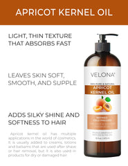Velona Apricot Kernel Oil being poured from the bottle for moisturizing hair.