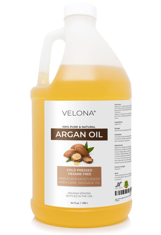 Velona Argan Oil 64oz bottle showcases large-size packaging for home care use