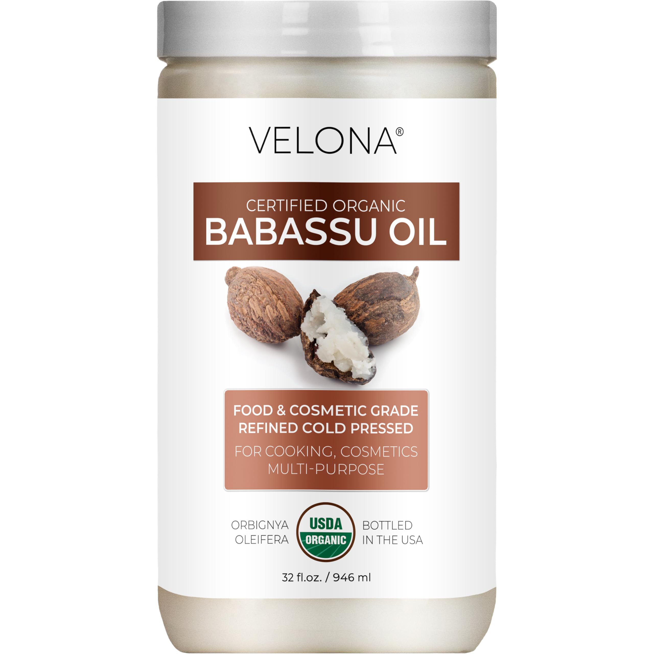 Velona Babassu Oil bottle front showing pure, organic oil for skin and hair care