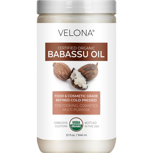 Velona Babassu Oil bottle front showing pure, organic oil for skin and hair care