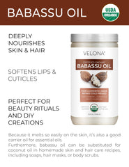 Velona Babassu Oil being poured, illustrating a non-greasy, fast-absorbing base.
