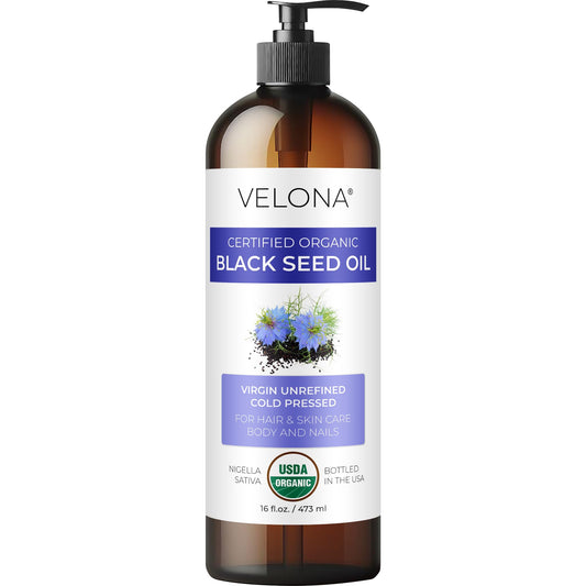 Velona Black Cumin Seed Oil bottle for skin and hair care.