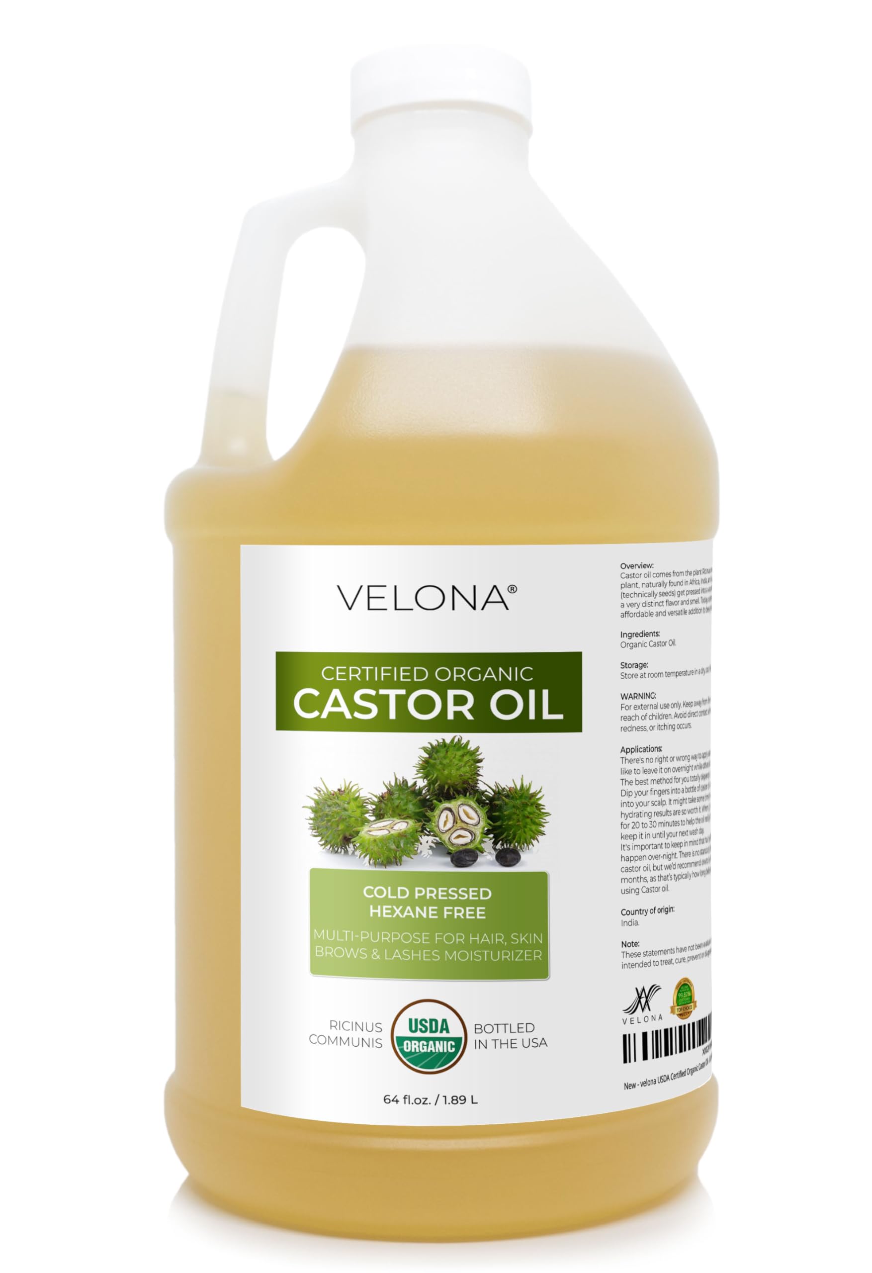Velona castor oil 64oz bottle for hair and skin conditioning.