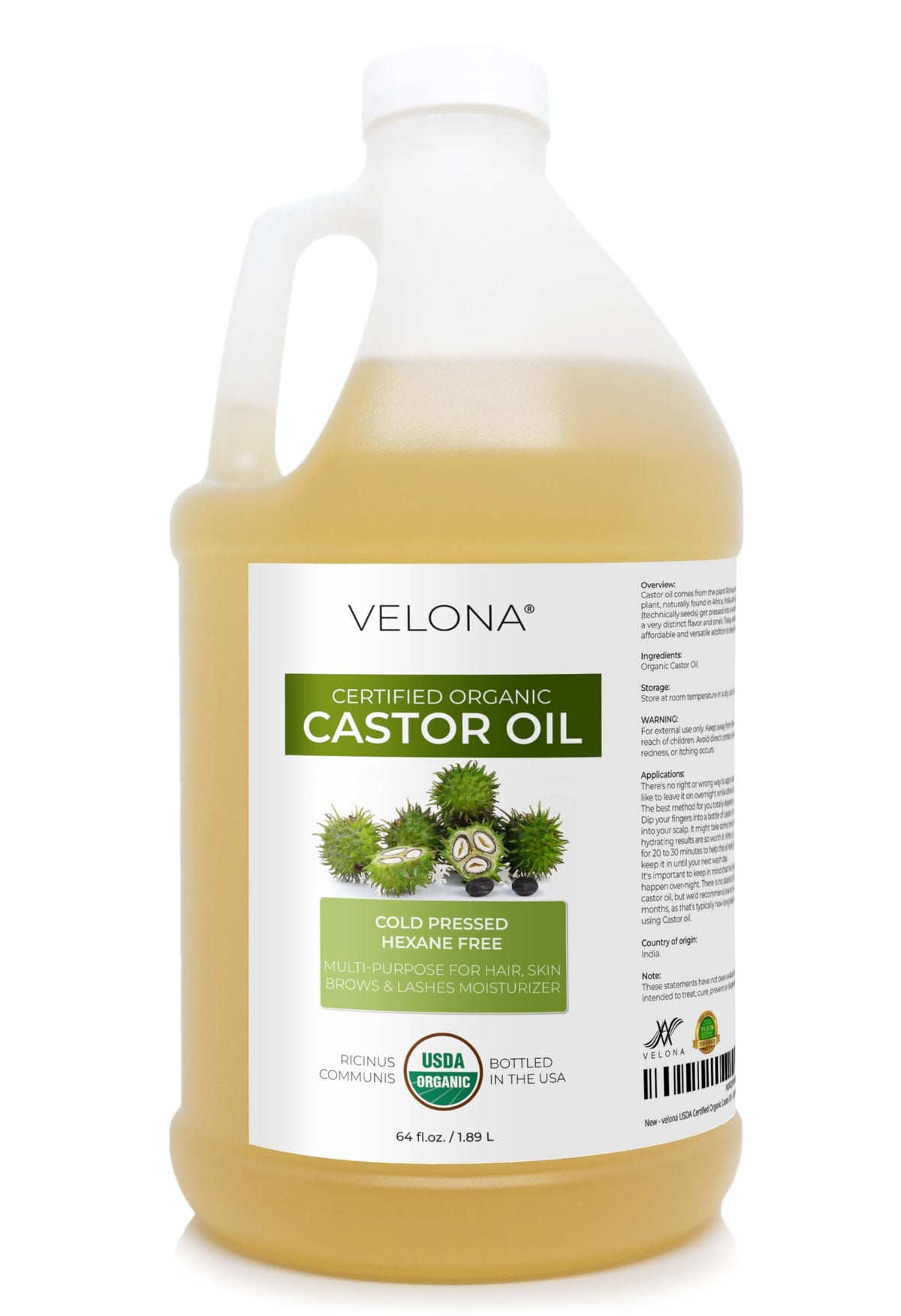 Velona castor oil 64oz bottle for hair and skin conditioning.