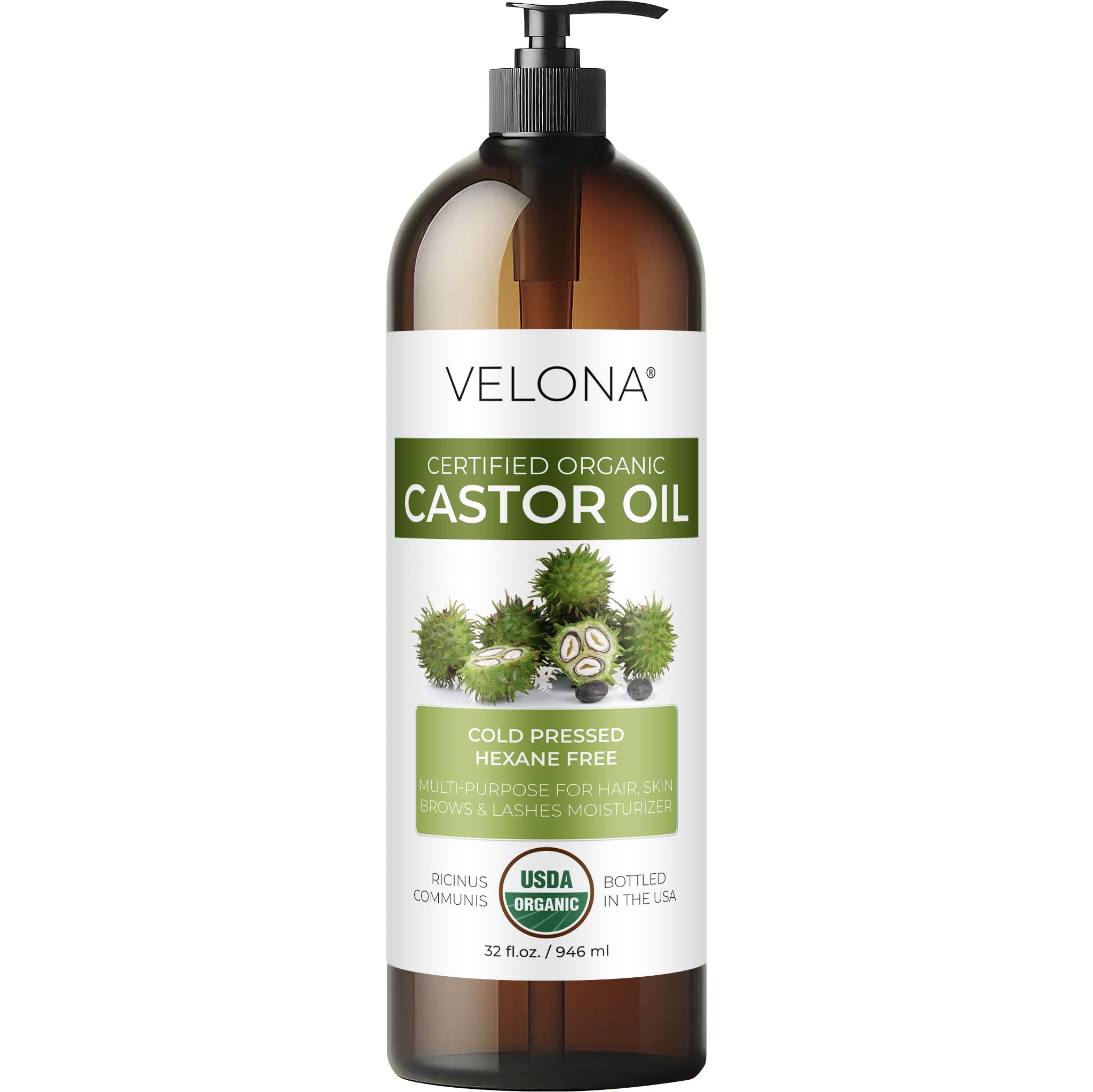 Velona castor oil bottle closeup, showcasing pure, fragrance-free oil.