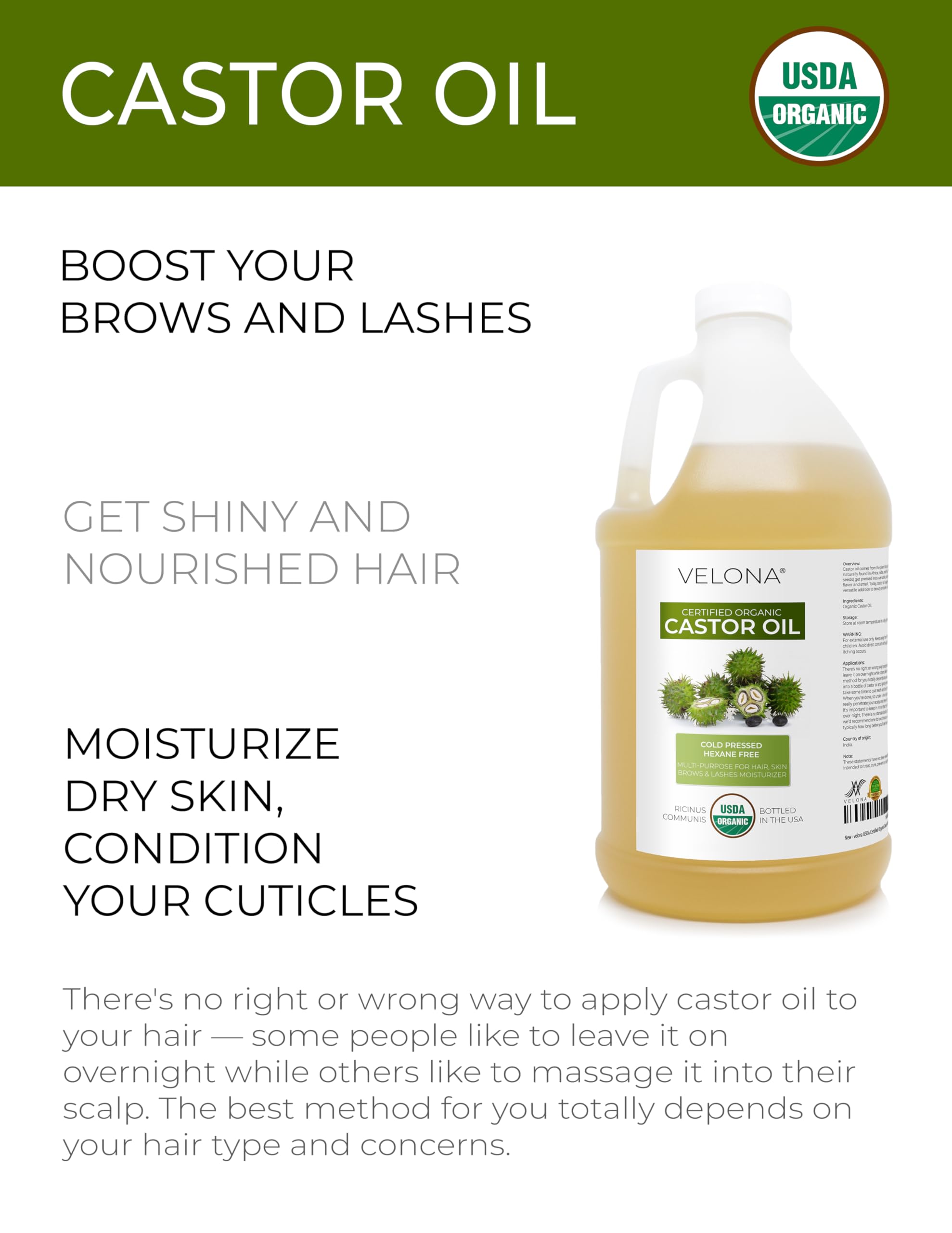 Velona castor oil bottle pour enables easy, mess-free dispensing.
