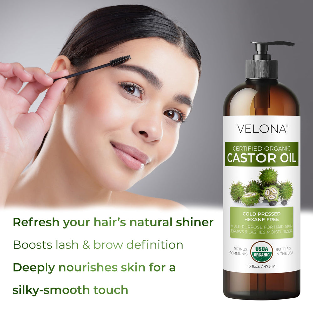 Velona castor oil for eyelashes brows promotes conditioning and definition.