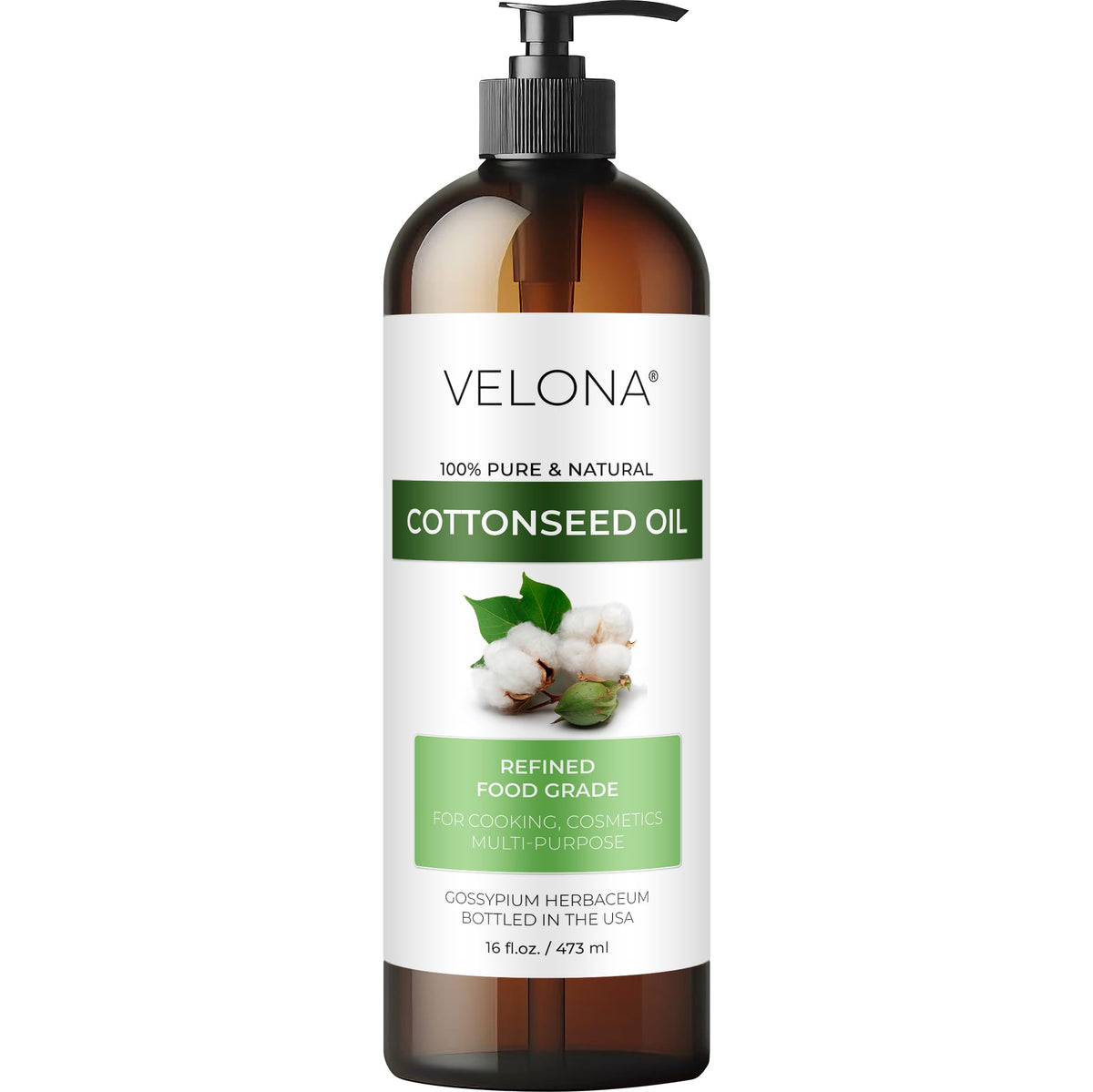 Velona Cotton Seed Oil bottle shown for cooking and skincare use