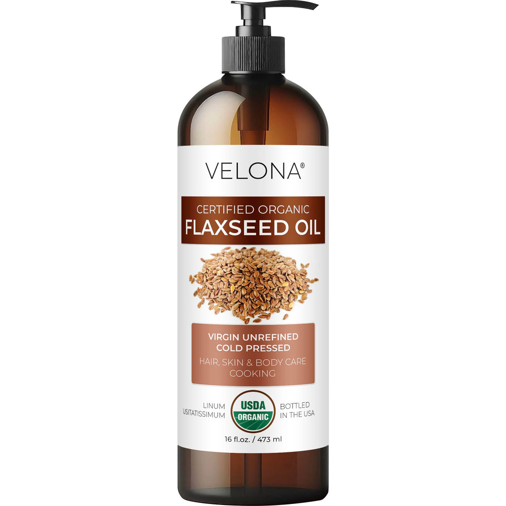 Velona flaxseed oil 16oz bottle for soft, nourished skin.