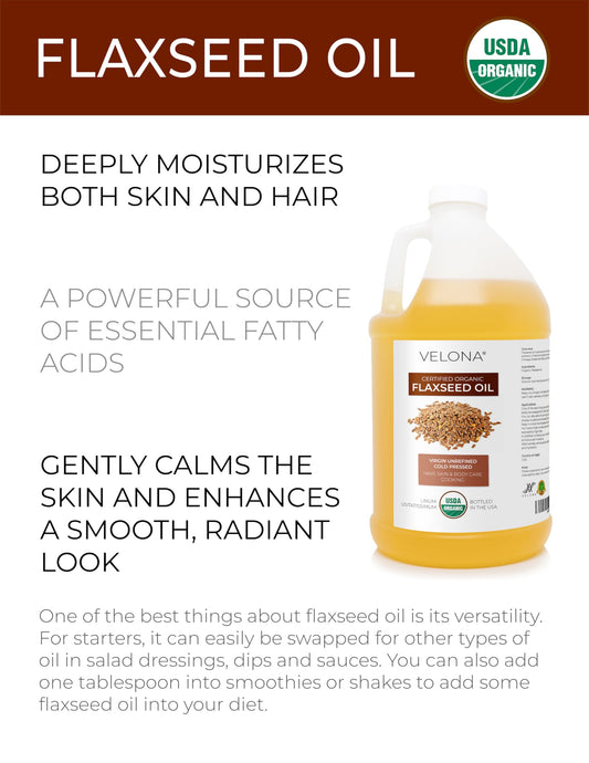 Velona flaxseed oil bottle pour highlights pure, unrefined oil for hair and skin care