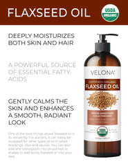 Velona flaxseed oil being poured, lightweight moisture for hair.