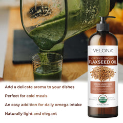 Velona flaxseed oil skin-care scene emphasizes lightweight moisture for dry skin